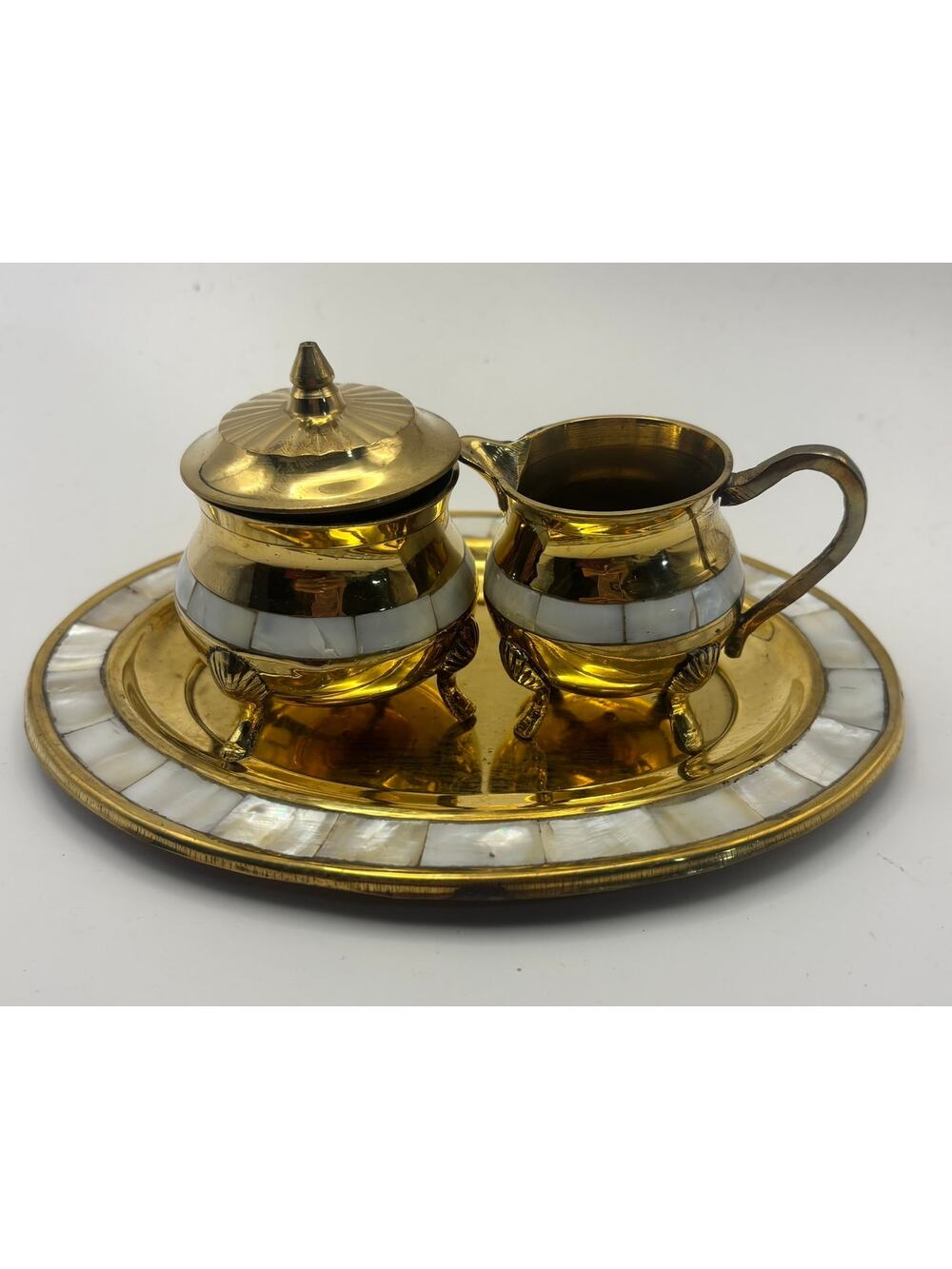 Vintage Brass Sugar Creamer Set Mother of Pearl Inlay Tray Made in India